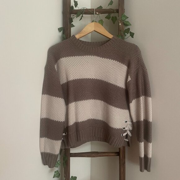 Pink Rose Sweaters - Brown Striped Knit Sweater – Chunky Fit with Side Lace-Up